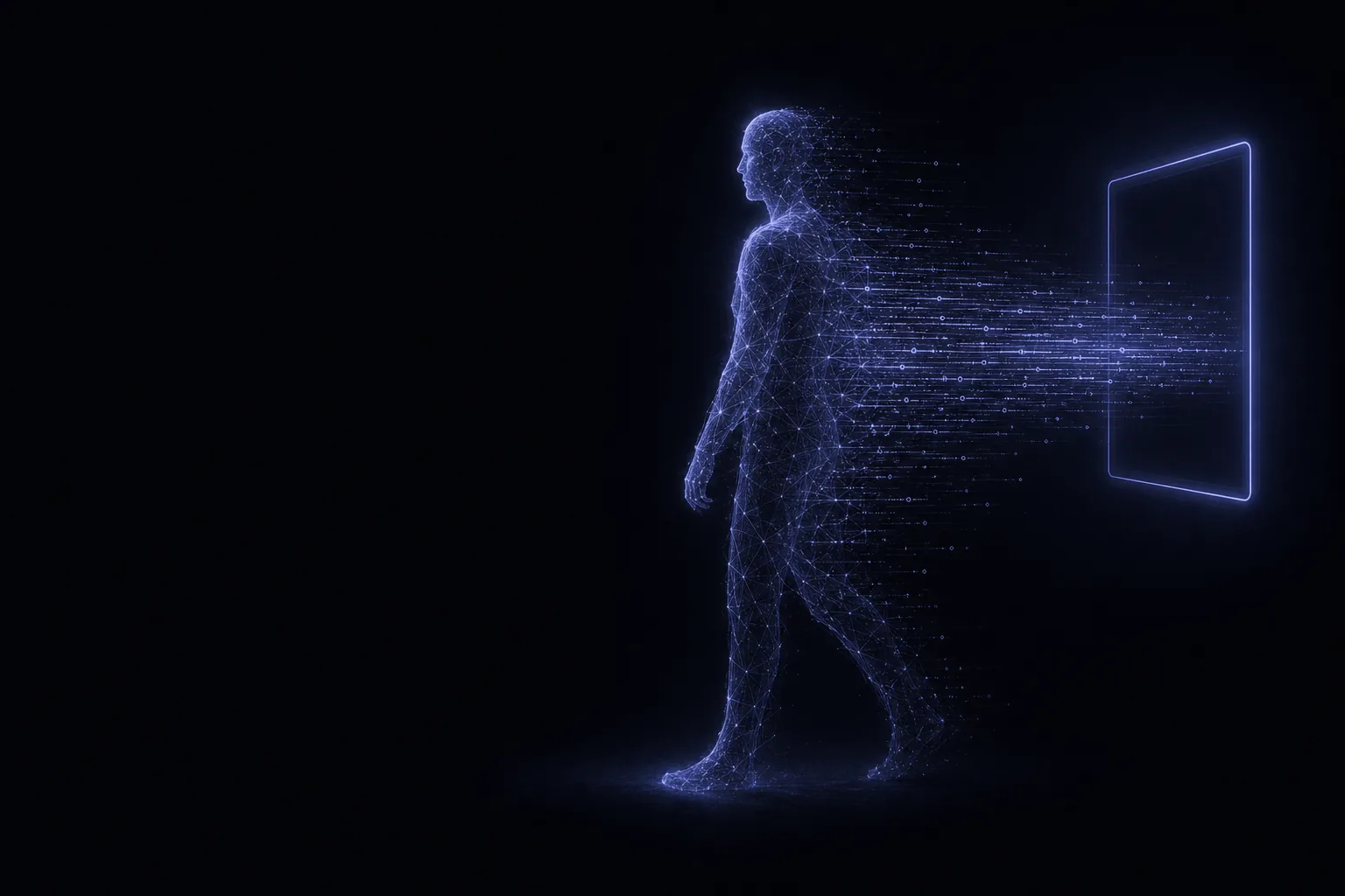 A spectral figure dissolving into a stream of data that flows into an application window — an invisible operator entering a machine.